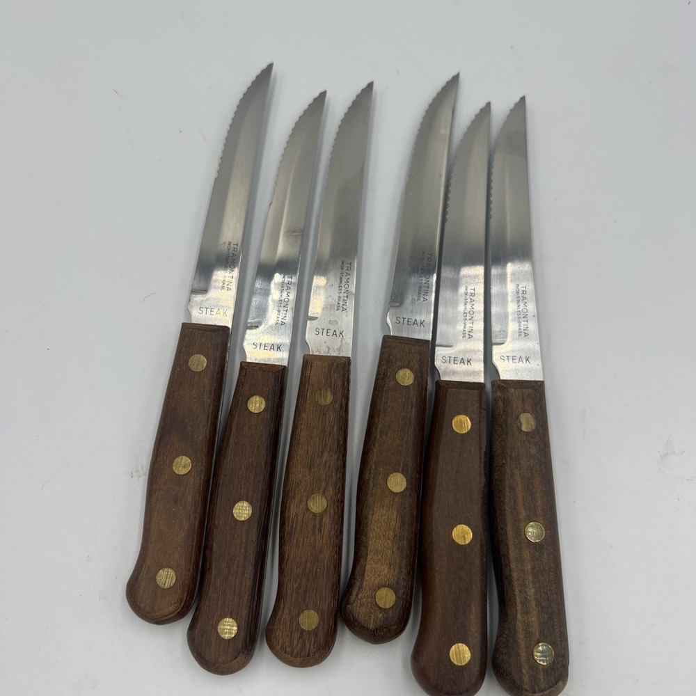 Vintage Tramontina Serrated Steak Knives Wooden Handle Set of 8 -Brazil 8"